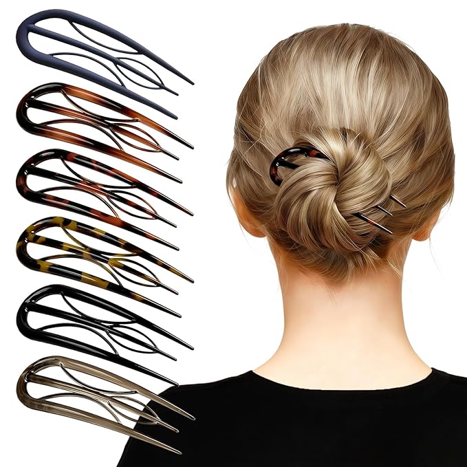 French Hair Pins for Women-6PCS Tortoiseshell U Shaped Clips for Buns, Prestige& Elegant,Internal Teeth Fork Hairpins Styling for Thick Twist Hair