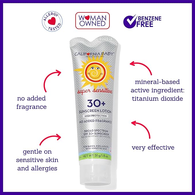 California Baby Super Sensitive SPF 30+ Sunscreen | Unscented | Mineral Based | Titanium Dioxide | Travel Size Baby Sunscreen for Face + Body | 1.8 oz