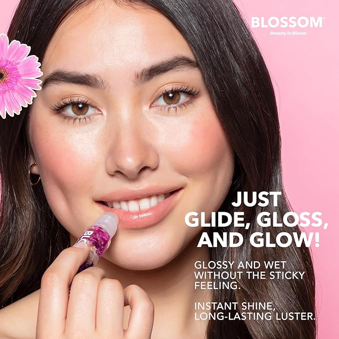 Blossom Roll on Lip Gloss, Scented Clear High Shine Moisturizing Lip Oil, Non Sticky, Infused with Real Flowers, Made in USA, 0.2oz, Vanilla Hemp