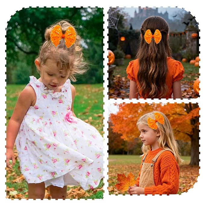 Velvet Sequin Hair Bows Fall Orange Bow for Women Girls, 4in Glitter Handmade Hair Clips Alligator Clips Sparkly Ponytail Holder Hair Accessories for Helloween, Christmas, Birthday Party, Wedding