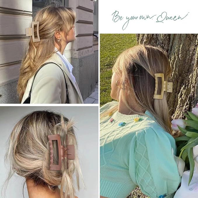 3.5 Inch Medium Hair Accessories - 6 Pack Square and Rectangle Banana Jaw Clips for Women and Girls - Tea