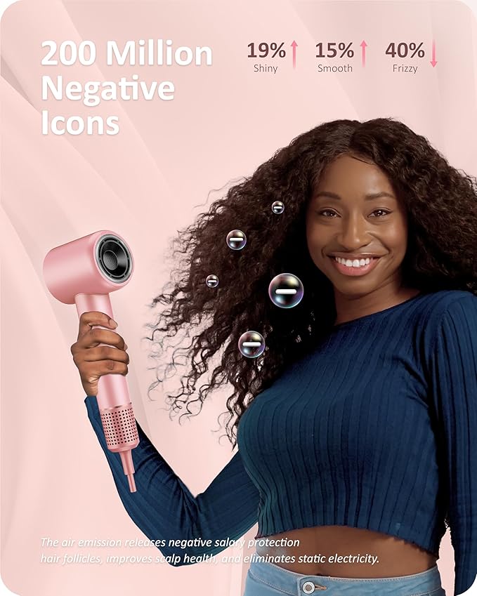 Rudd Hair Dryer with Diffuser, High Speed Hair Dryer with Display, 110000 RPM Brushless Motor for Fast Drying, 200 Million Negative Inoic Low Noise, Pink