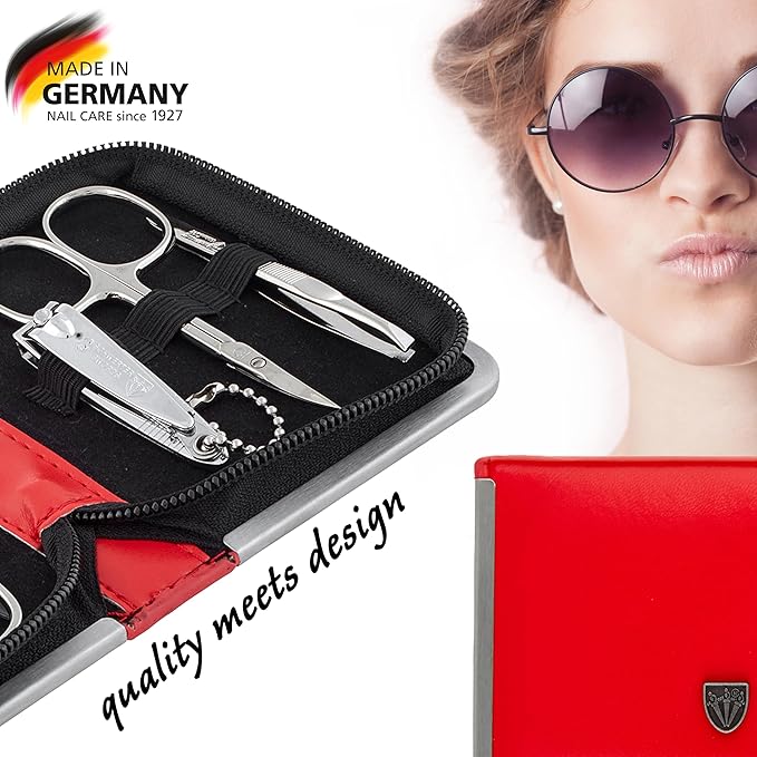 3 Swords Germany - brand quality 6 piece manicure pedicure kit set for professional finger & toe nail care with synthetic leather case - Made in Germany - red