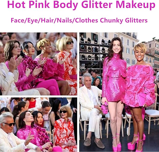 Go Ho Hot Pink Face Body Glitter Gel,Singer Concerts Hot Pink Face Paint Makeup,Holographic Chunky Sequins Glitters for Eye Lip Hair Nails,Festival Rave Accessories,52g