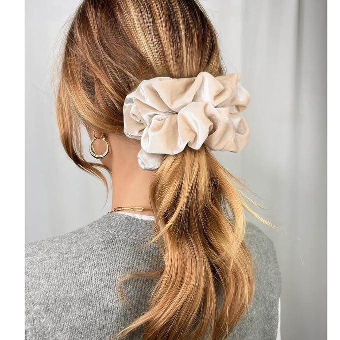 CEELGON Beige Big Velvet Scrunchie 6.5 Inches Jumbo Scrunchies Hair Ties Oversized Ponytail Holder for Thick Curly Hair Extra Large Hair Accessories for Women (Beige)