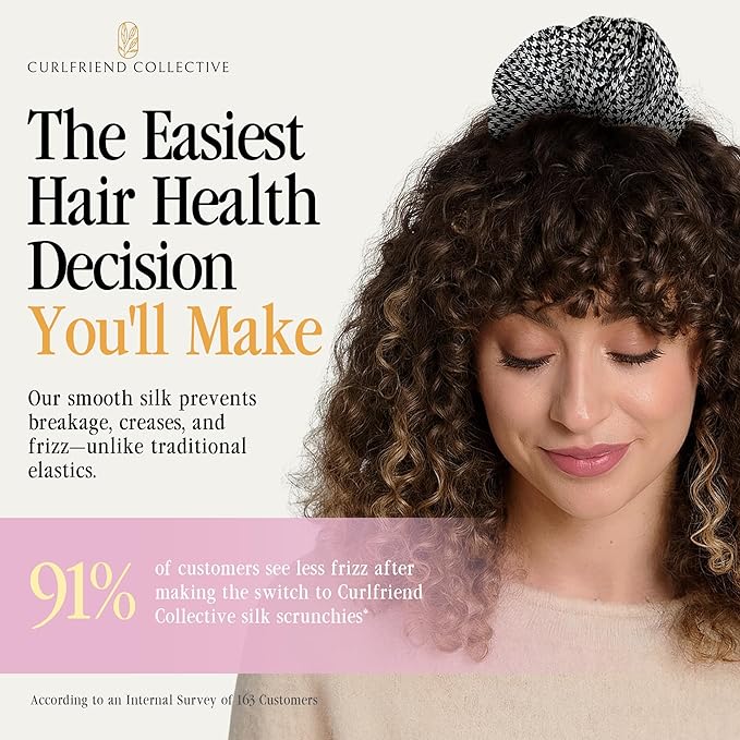 Curlfriend Collective Houndstooth XL Silk Scrunchie – 100% 22 Momme Mulberry Silk Hair Tie for Curly, Coily & Thick Hair – Gentle Hold, Extra Stretch, Stylish & Snag-Free