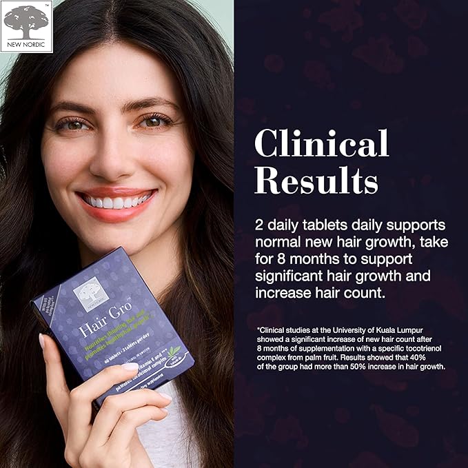 NEW NORDIC Hair GRO, Hair Growth Supplement, Biotin & Palm Fruit Extract Tocotrienols for Natural Regrowth, 60 Count (Pack of 3)