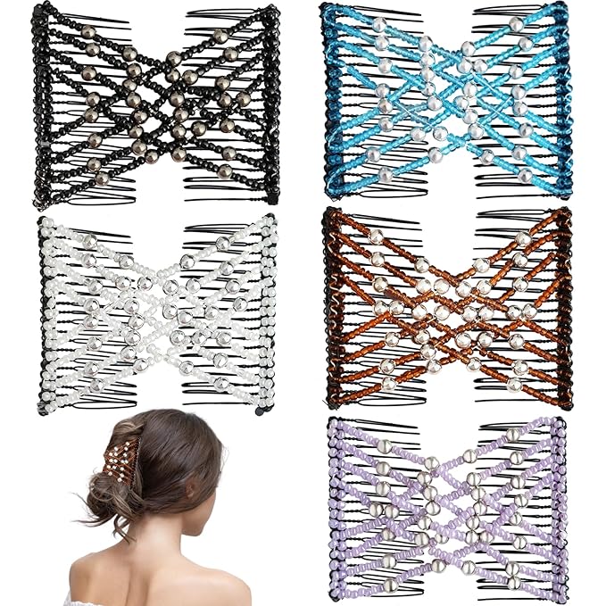 5 Pieces Magic Hair Comb Stretchy Double Comb Elastic Beaded Hair Clips for Women Girls Vintage Hairstyle Multipurpose Hair Accessories (Black, Brown, White, Purple, Blue)