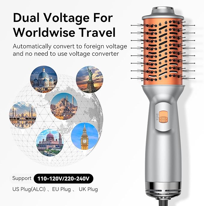 Double Voltage Mini Hair Dryer Brush,Traval Hair Brush 100-240V,3 Heat & 2 Speed Settings Oval Barrel Thermal Brush,Blow Dryer Brush for Dry,Straightening,Voluming