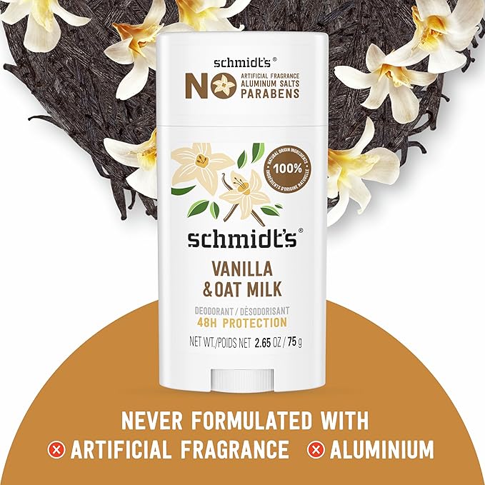 Schmidt's Aluminum-Free Vegan Deodorant Vanilla & Oat Milk with 24 Hour Odor Protection, for Women and Men, Natural Ingredients, Cruelty-Free, 2.65 oz