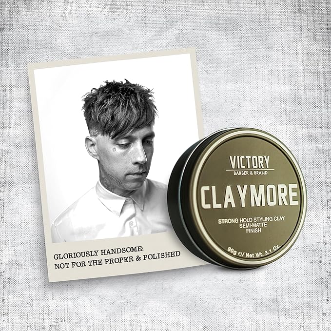 Victory Barber & Brand Claymore hair pomade for men | Strong Hold Matte Finish Men's Clay Pomade | made in usa | Designed by barbers, made for the rugged | Texturizing & Styling Clay 3.1 Oz
