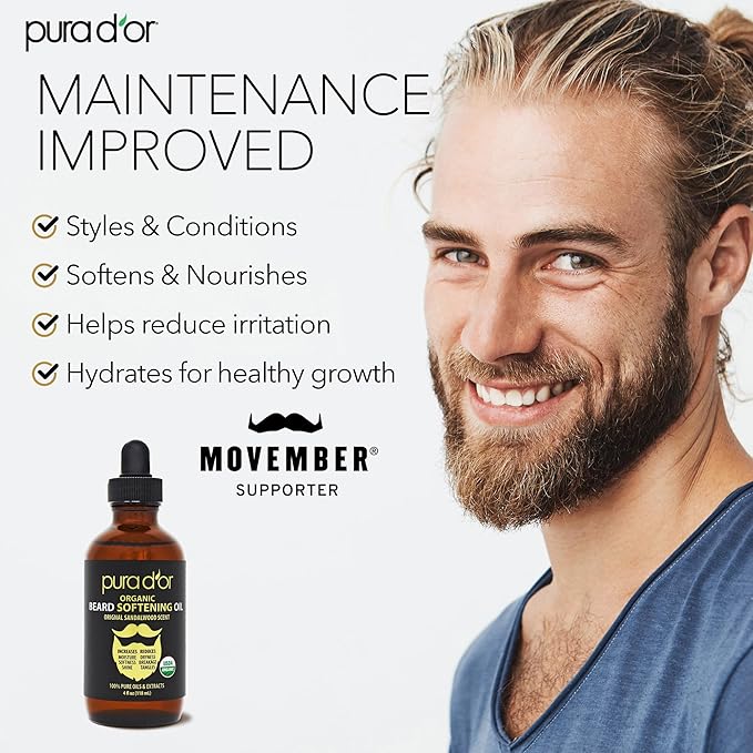 PURA D'OR 4 Oz ORGANIC Beard Softening Oil - Original Sandalwood Scent - Leave-In Conditioner, Argan & Jojoba Oil - Mustache Care & Maintenance, Increase Softness & Strength - Beard Hair, Skin & Face