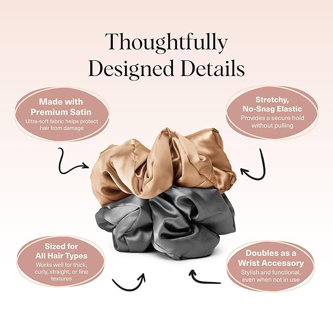 Kitsch Satin Scrunchies for Women - No Crease Hair Ties for Girls | Big Scrunchies for All Hair Types and Textures, Perfect for Day or Night | Ideal Gifts for Women - 2 Pcs, Charcoal and Gold