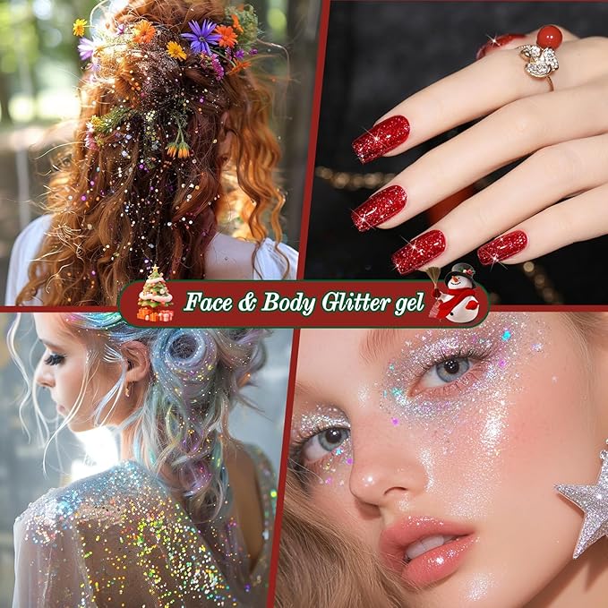 14 Colors Body Glitter,Face Glitter Makeup for Kids Women,Sparkly Chunky Hair Glitter for Eye Lip Nails,Mardi Gras Glitter Makeup Face Paint,Singer Concerts Disco Rave Festival Accessories-Christmas