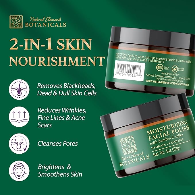 Moisturizing Facial Polish, Gentle Face Scrub, 2-in-1 Facial Scrub, Hydrating & Exfoliating Face Scrub, Facial Exfoliator w/Bamboo & Coffee, 4 oz