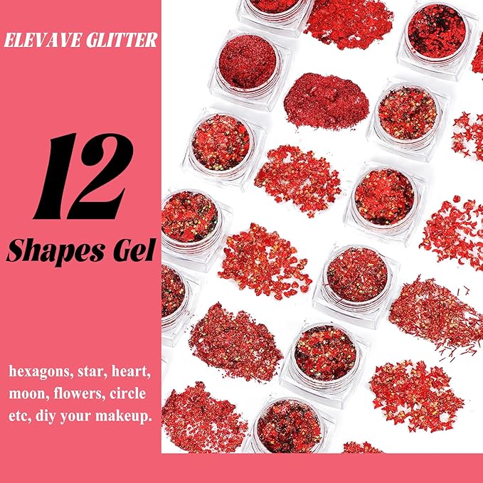 Body Glitter Face Glitter, Hair Glitter for Kids, 12 Shapes Fine Chunky Glitter Gel for Women Girls Makeup Sparkles Party Mermaid Sequins Rave Accessories Singer Concerts Festival (Red Scheme)
