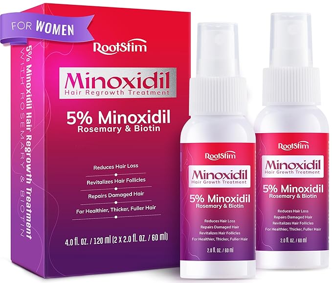 Women's 5% Minoxidil Spray for Hair Growth: 2-Pack RootStim Extra Strength Minoxidil with Rosemary & Biotin for Thinning Hair Regrowth and Fuller Hair - 60ML Each