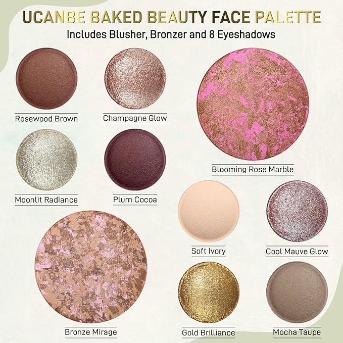 UCANBE Full Size Baked Makeup Palette Set - Includes Blush, Bronzer, 8 Eyeshadows and Brushes, Highly Pigmented All-in-One Face & Eye Compact Powder Beauty Gift Kit for Starter & Pros, Travel Friendly