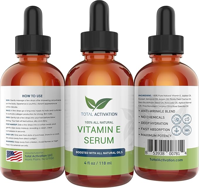 Total Activation Vitamin E Face Serum – Organic Vitamin E Oil 100% Pure, Cold Pressed for Skin, Face, Hair & Nails – Moisturizer for Dry Skin, Scars & Anti-Aging – for Glowing Skin – 4 oz
