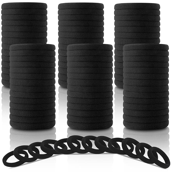 120PCS DWKFEOQ Black Hair Ties for Women Girls, Elastic Ponytail Holders, Cotton Seamless Hair Bands, No Damage for Thick Hair, 1.8 Inch in Diameter (Black)