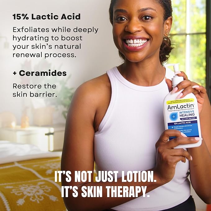AmLactin Intensive Healing Body Lotion - Therapeutic Lotion for Extremely Dry Skin - No-Scrub Exfoliator and Moisturizer with 15% Lactic Acid AHA and Ceramides, 7.9 oz (Packaging May Vary)