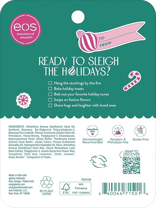eos Holiday 24H Moisture Mini Super Balm Set, Sugar Plum Spritz, Candy Cane Swirl, Iced Sugar Cookie, Limited Edition Lip Care, Stocking Stuffers, 0.24 fl oz, 3-pack