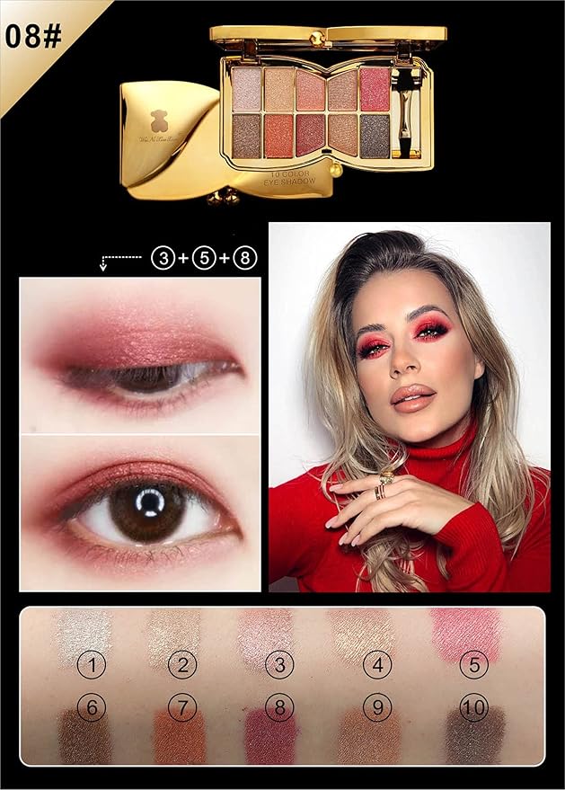 Glitter Eyeshadow Palette, 10 Colors Sparkle Shimmer & Matte Eye Shadow Highly Pigmented Waterproof Long Lasting Makeup Set (Color 8)