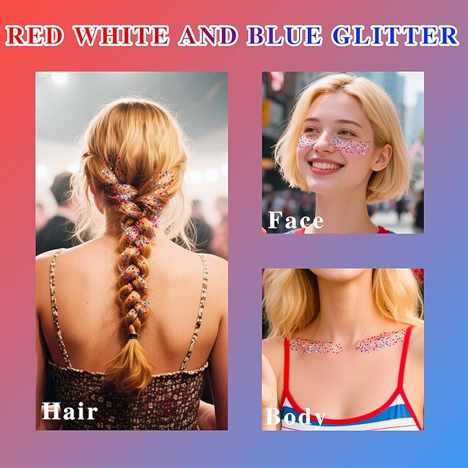 MEICOLY Red White and Blue Face Body Glitter,Sparkle Patriotic Pride Chunky Hair Glitter for Kids Women,4th of July Accessories Outfits for Women