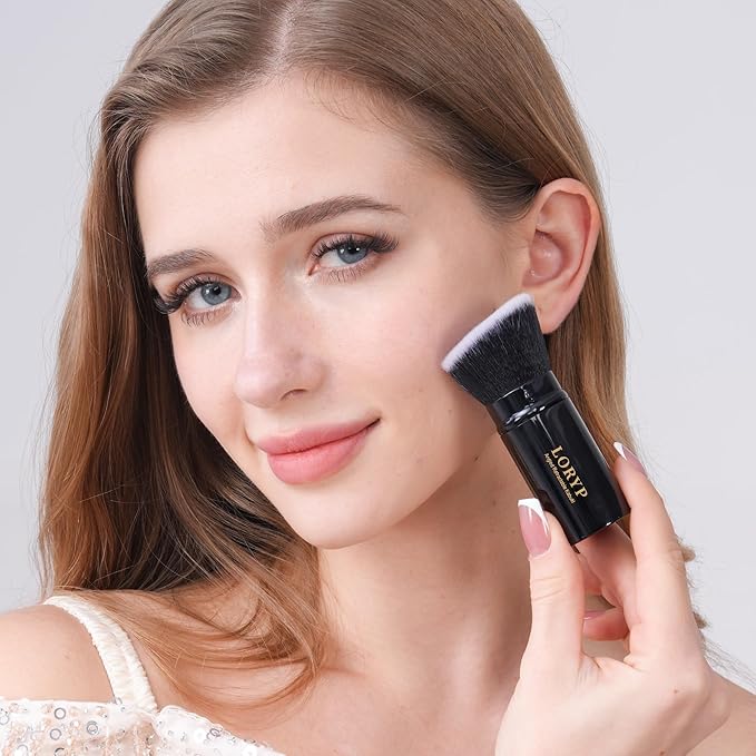 LORYP Retractable Makeup Brush Black Kabuki Foundation Brush for liquid Cream and Powder Makeup 2 Pack Travel Makeup Brush Set