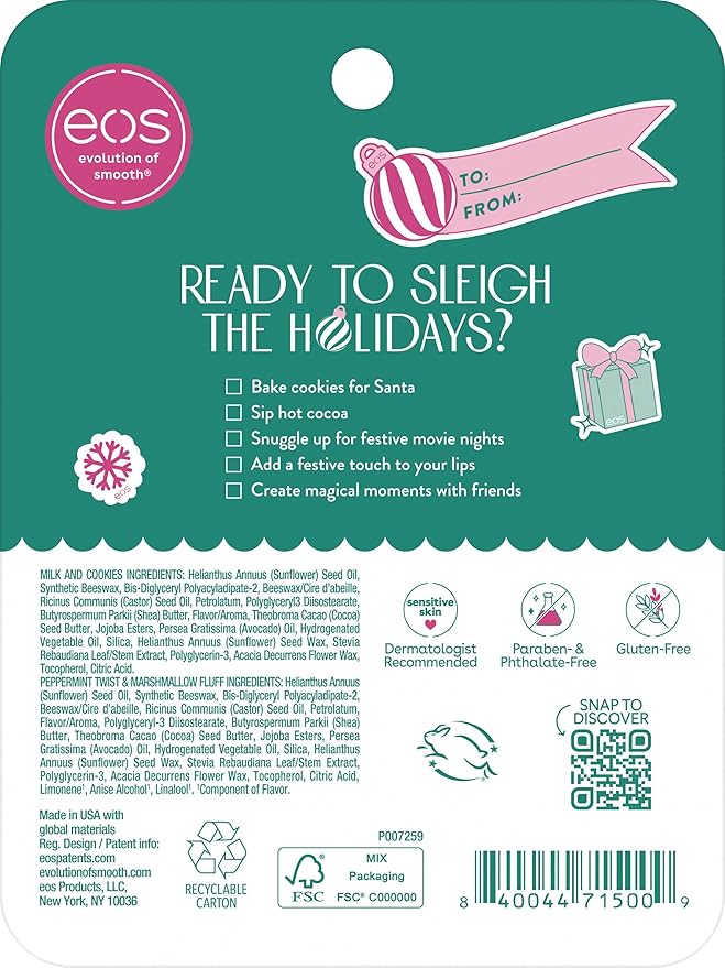 eos Holiday 24H Moisture Mini Super Balm Set, Peppermint Twist, Milk & Cookies, Marshmallow Fluff, Limited Edition Lip Care, Stocking Stuffers, 0.24 fl oz, 3-pack