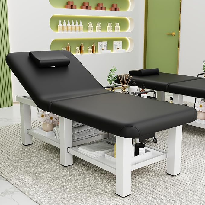 30.5'' Wide × 75'' Long Folding Stationary Massage Table with Backrest and Storage Space for Treatment Table Physical Therapy Table Spa Facial Bed, 6 Square legs, Metal Frame PU Leather - Black