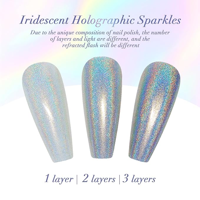AZUREBEAUTY Holographic Nail Polish no Gel Fast Drying Pink Silver 2 Colors Natural Nail Lacquer High Shine DIY Salon Home Women Gifts 2Pcs 0.34oz