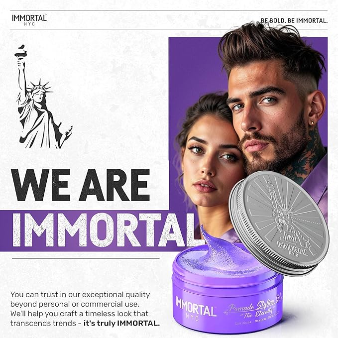Immortal NYC Hair Styling Pomade - The Eternity, Extra Strong Hold, Low Shine, Water-Based, All Natural, No Residue, Men’s Pomade for All Hair Types