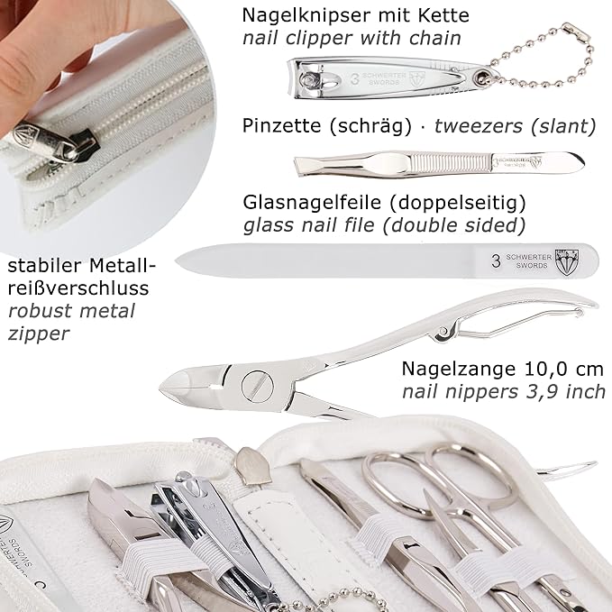 3 Swords Germany - brand quality 6 piece manicure pedicure grooming kit set for professional finger & toe nail care scissors clipper genuine leather case in gift box, Made in Solingen Germany (02266)