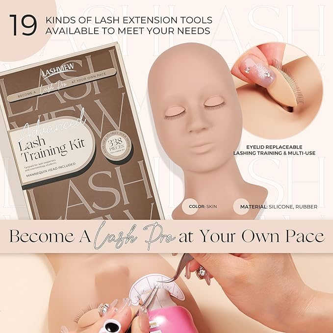 LASHVIEW Lash Kit for Beginners 338pcs Lash Extension Kit Professional Mannequin Head With 7 Pairs Replaced Eyelids Silicone Training Set Include Mini Fan Dryer Makeup Natural Skin Color