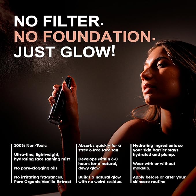 Face Tanning Mist, Organic Ingredients, Sunless Self Tanner, Bronzing, Hydrating, Streak-Free, Long Lasting Glow