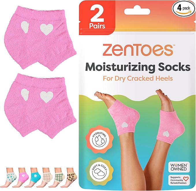 ZenToes Moisturizing Socks for Cracked Heel Treatment, Vitamin E, Olive Oil and Jojoba Oil Heel Socks, Stocking Stuffers for Women, Spa Self Care Gifts for Women (Pink with White Heart, Regular)