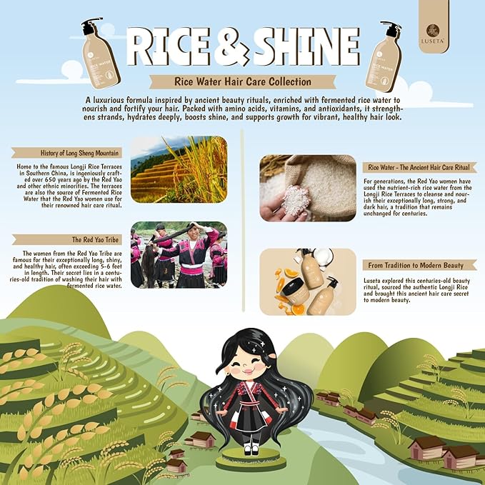 Luseta Rice Water Shampoo Strengthening & Nourishing Revitalizes Shine for All Hair Types Hydrating & Frizz Control for Women and Men 16.9oz