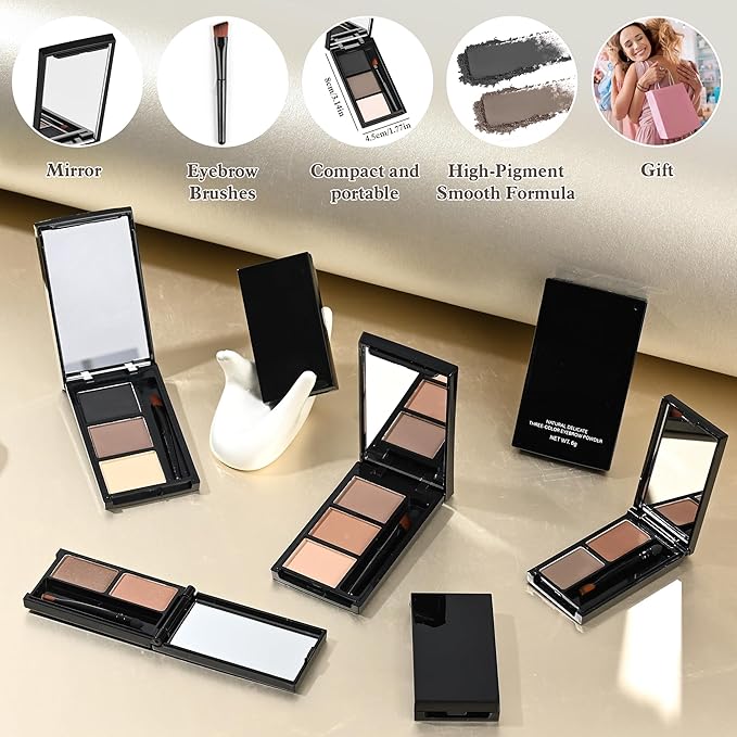 Dark Brown Eyebrow Powder，Eyebrow Kit Makeup Palette，Two Colors Matte Eye Brow Powder With Mirror&Brow Brush for Women，LongLasting，Waterproof，Fill & Sculpt，Defined Natural Brows 03