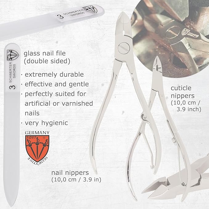 3 Swords Germany - brand quality 12 piece manicure pedicure grooming kit set for professional finger & toe nail care with cognac synthetic leather case - Made in Germany