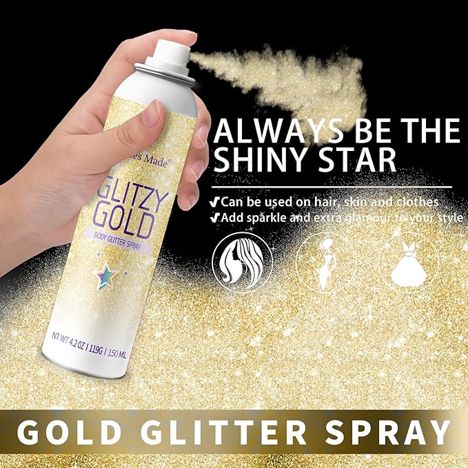Hair Glitter Body Glitter Spray, 150ML Glitter Hairspray Gold Glitter Spray for Hair and Body, Hair Glitter for Kids Women, Body Shimmer Festival Rave and Makeup 4.2 Fl Oz