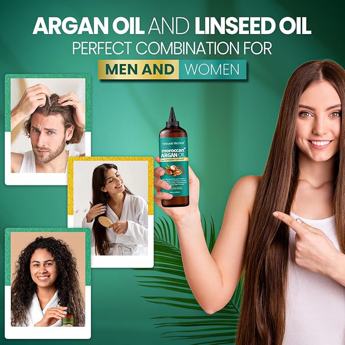 Natural Riches Moroccan Argan Oil for Hair Treatment with Linseed Extract – Smooths Frizz, Detangles, Conditions & Boosts Shine – Deep Hydration for Dry, Damaged, Curly & Color-Treated Hair – 8 fl oz