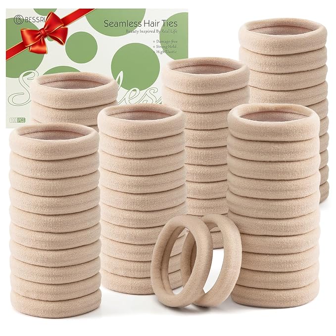 Bessrung 100 PCS Seamless Nylon Hair Ties, No Damage Elastics Hair Ties for Women Girls, Soft Stretchy Ponytail Holders for Thin Thick Hair, Snag-Free Hair Bands Christmas Gift(Beige Color)