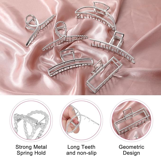 LUKACY 6 Pack Large Metal Hair Claw Clips - 4 Inch, Perfect Big silver claw clips hair clips for Women and Thinner, Thick hair styling,Strong Hold, Fashion Hair Accessories (Style 1 Silver)