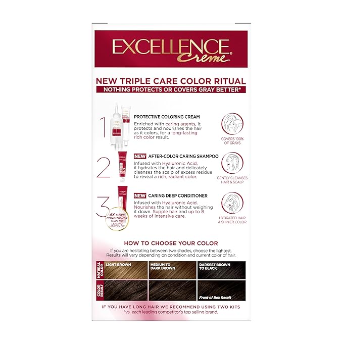 L'Oreal Paris Excellence Crème Permanent Hair Dye, Triple Care Hair Color with Pro-Keratine Complex for 100% Gray Hair Coverage, 4A Dark Ash Brown, 1 Kit