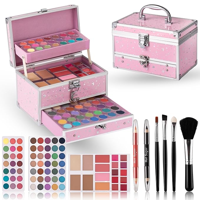 Hot Sugar Makeup Kit for Teens with Train Case, Portable Beginner Makeup Gift Set, Makeup Beauty Kit for Girls (Pink)