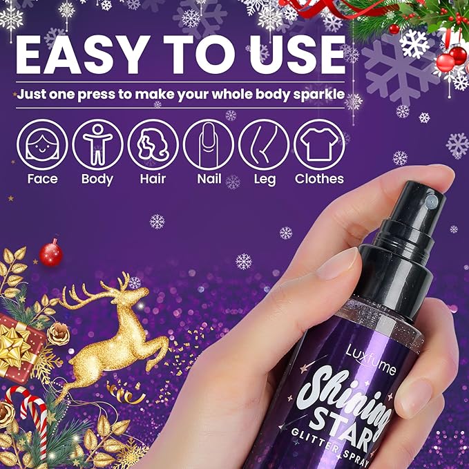 Body Glitter Spray, Glitter Hairspray, Purple Body Glitter Spray, Quick-Drying and Waterproof Glitter Hairspray, Nozzles are not Easily clogged, Long-Lasting Body Shiny for Stage Makeup, 3.38Oz