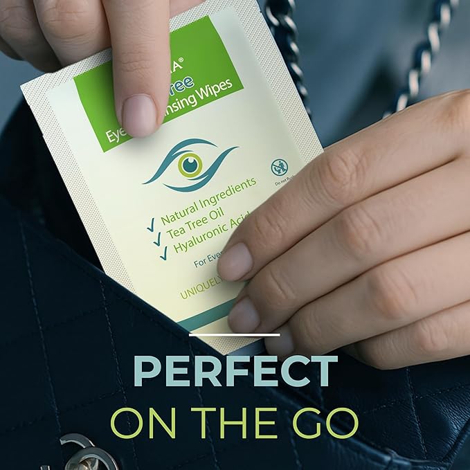 NOVEHA 120Pcs Tea Tree Oil Eyelid & Lash Wipes With Hyaluronic Acid, Green Tea & Chamomile For Blepharitis & Itchy Eyes, Individually Wrapped Eyelash Wipes, Natural Makeup Remover & Cleanser (2 Pack)