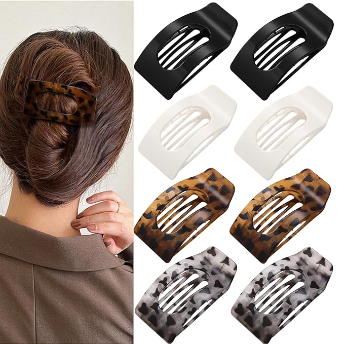 8 Pack Tortoiseshell Flat Hair Clips for Women – Large Neutral Matte No-Slip Rectangle Claw Clips for Thick & Thin Hair, Strong Hold Square Hair Accessories, Chic Neutral Leopard Pattern