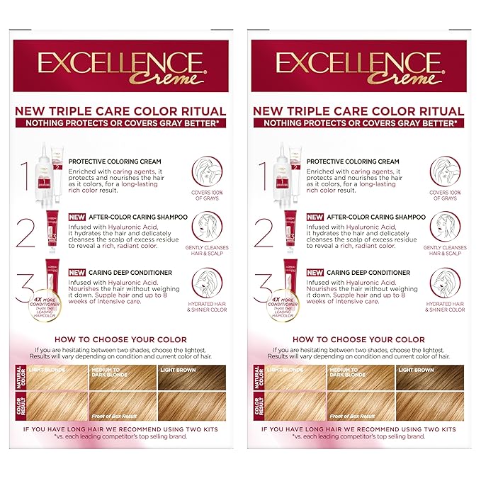 L'Oreal Paris Excellence Crème Permanent Hair Dye, Triple Care Hair Color with Pro-Keratine Complex for 100% Gray Hair Coverage, 8G Medium Golden Blonde, 1 Kit (Pack of 2)